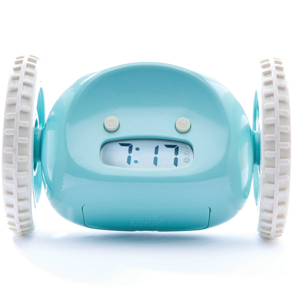 Clocky Sky blue alarm clock with wheels