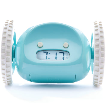 Clocky Sky blue alarm clock with wheels