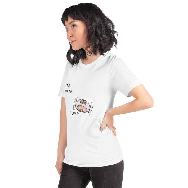Clocky white t-shirt with alarm snooze graphic